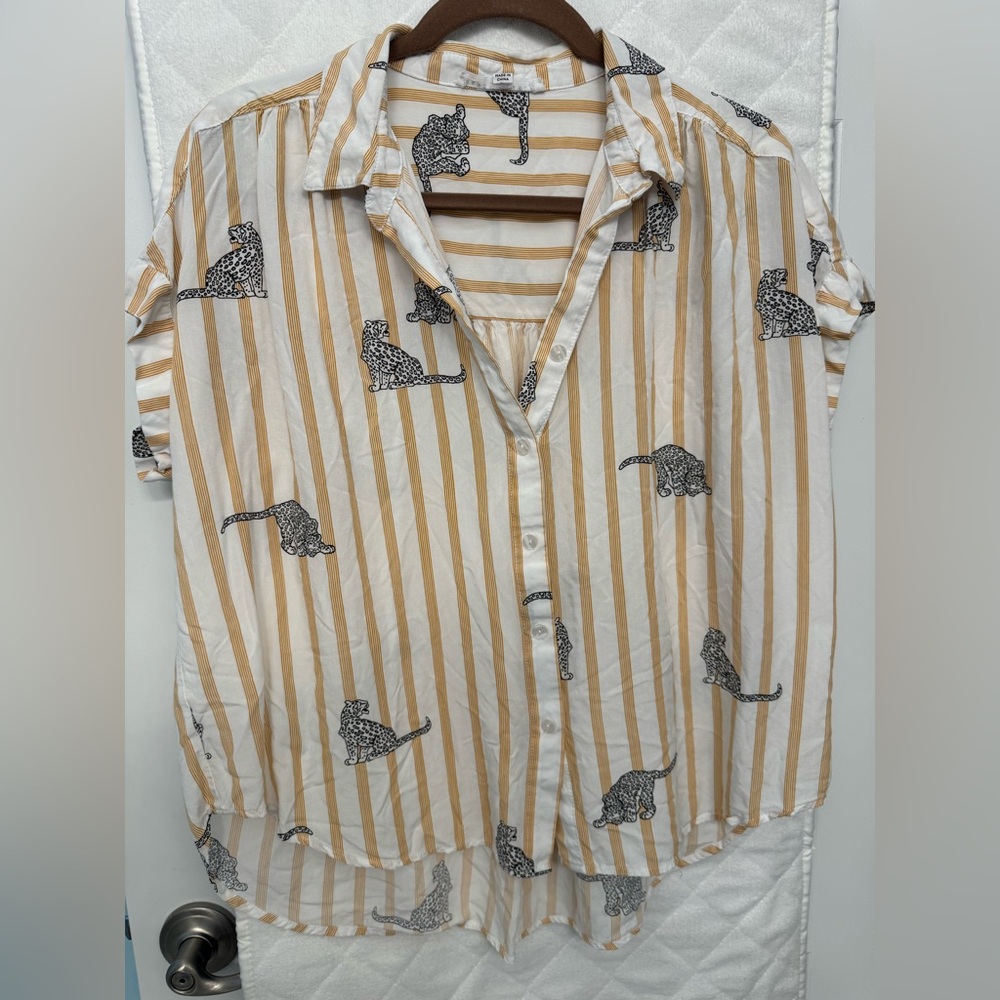 Jane and Delancey Tan and White Striped Blouse with Leopard Print